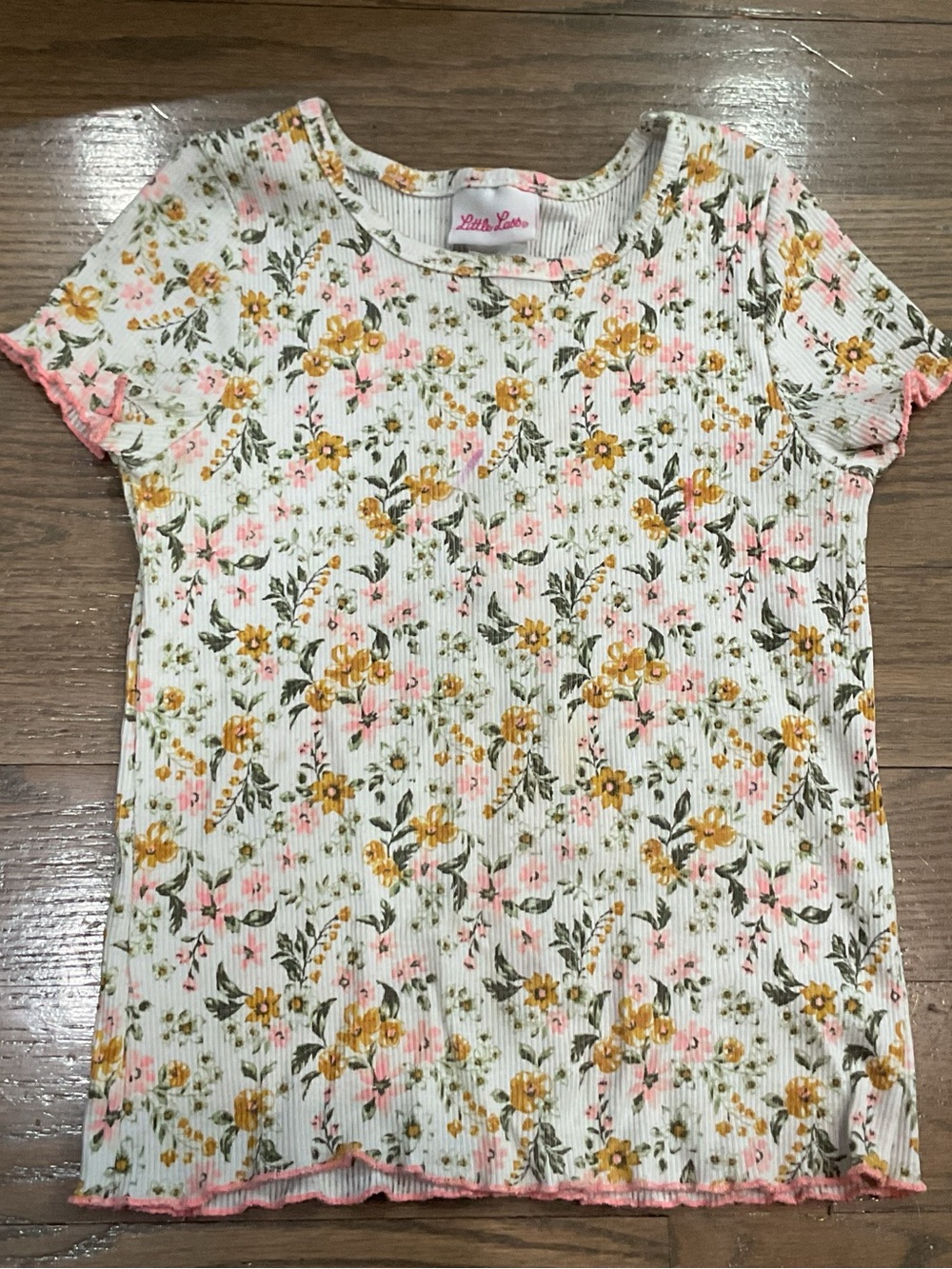 Little Lass Girls Floral Ribbon Tee Size 7 Pink & Yellow